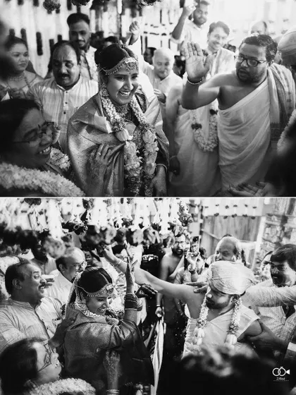 A black and white diptych of candid moments from a wedding ceremony, capturing the joy and chaos of the rituals.