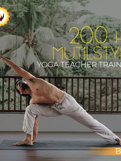 This 200-hour multistyle yoga teacher training in Bali will deepen your physical practice. Here, a student demonstrates Utthita Parsvakonasana (Extended Side Angle Pose), showcasing the focus on alignment and form that we cultivate in our open-air shala.