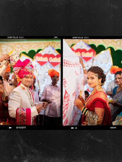 A film-strip style collage of the bride and groom during the Antarpat ritual.