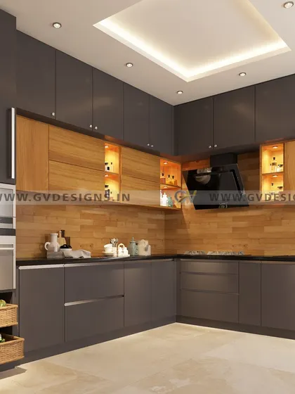 This L-shaped kitchen design combines dark grey cabinets with a natural wood texture for a modern, sophisticated look. The layout includes a tall unit for built-in appliances, wicker baskets for vegetable storage, and open wall units for display.