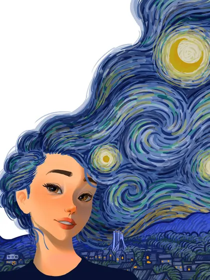 A celebration of feminine power and beauty. A woman's hair flows and transforms into the iconic "Starry Night" sky, becoming a landscape of its own, full of light, stars, and the promise of a brighter dawn for her homeland.
