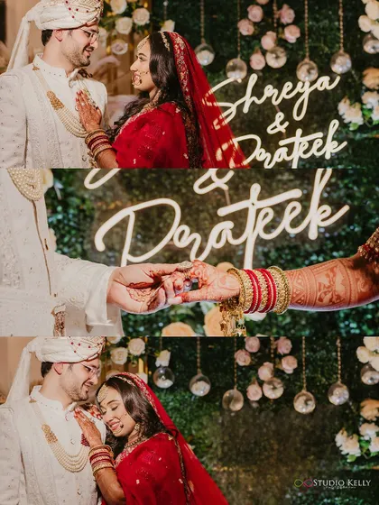 A collage of close-up and romantic moments of the couple, set against a backdrop with their names in lights.
