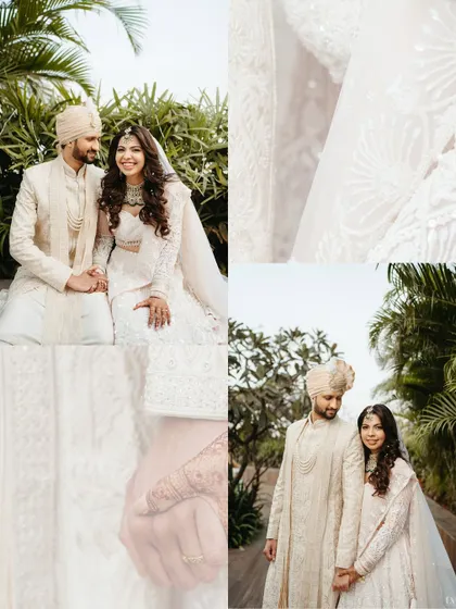 A detailed collage focusing on the intricate white outfits of the bride and groom, their hands intertwined, and their loving gazes. It highlights the beauty in the details.