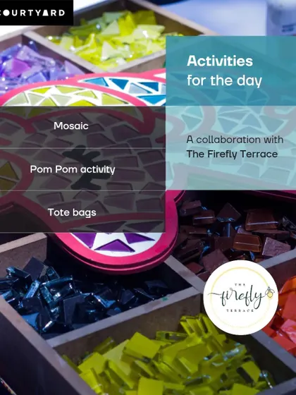 This graphic details the activities offered at our Father's Day playdate collaboration, including mosaic art, pom-pom crafts, and tote bag painting. I always provide a variety of options to suit every interest.
