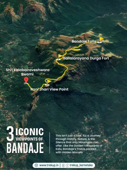 A map showing the trail and the 3 iconic viewpoints of the Bandaje trek: Rani Jhari View Point, Ballalarayana Durga Fort, and Bandaje Falls.