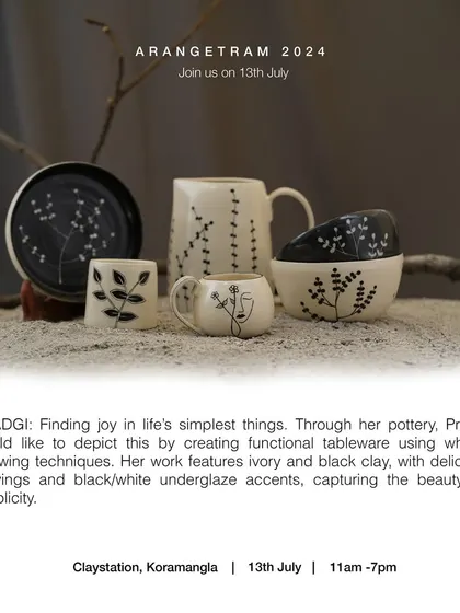 Preeti's collection, "SAADGI," finds joy in life's simplest things. Through her functional tableware, she uses wheel-throwing techniques and delicate carvings on ivory and black clay to capture the beauty in simplicity.