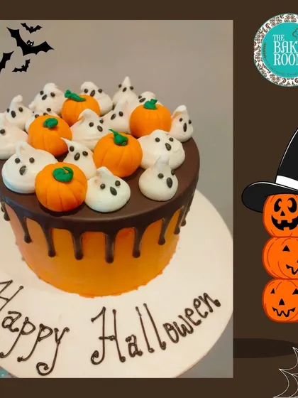 Another one of my Halloween creations, this is a drip cake topped with an army of cute meringue ghosts and pumpkins. It's more sweet than spooky, perfect for a family-friendly party.