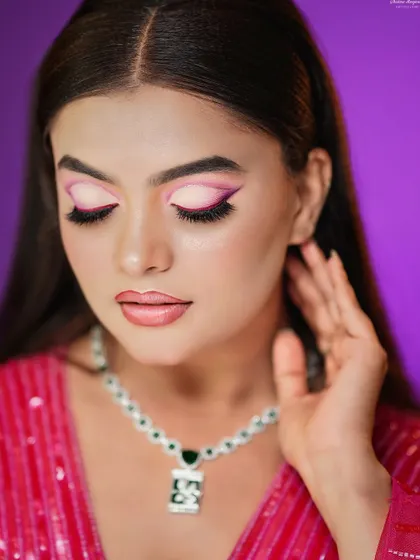 A detailed shot of the graphic winged eyeliner, an advanced technique we cover.