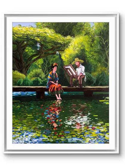 The full, framed view of my original painting 'Colorful Lake'. In this version, Vincent is painting Frida as she sits on a dock, their reflections mingling in the water below.