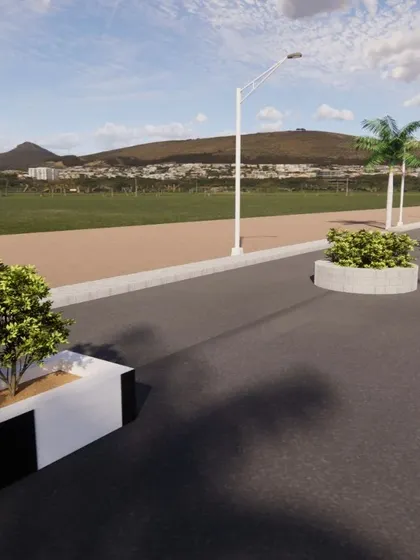 This render focuses on the details of roadside landscaping, including modern, raised planters. These elements add visual interest and greenery to the community's streets.