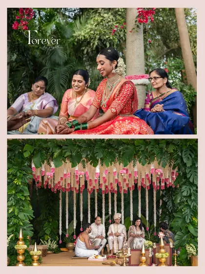 A collage showing the bride with the important women in her life, and a wider view of the beautiful wedding ceremony.