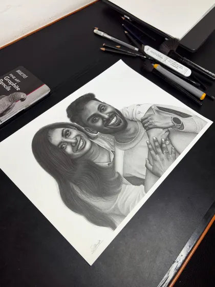 A happy couple from Kerala, captured in a timeless black and white pencil sketch. The A3 size gives enough space to bring out the realistic textures and emotions.