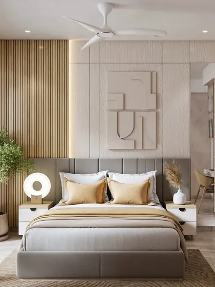 A 3D render of a serene minimalist bedroom for a client's son. The design uses neutral colors, wooden finishes, and fluted back panels to create an inviting and simple retreat.