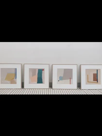 I always enjoy working on a series. This set of four small, framed abstract paintings explores different compositions within a consistent pastel color palette, perfect for creating a gallery wall.