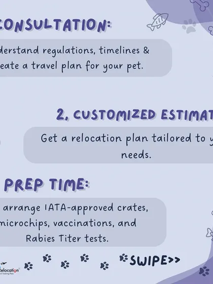 Our process begins with a consultation to create a travel plan, followed by a customized estimate. We then handle all preparations, including arranging IATA-approved crates, microchips, vaccinations, and Rabies Titer tests.