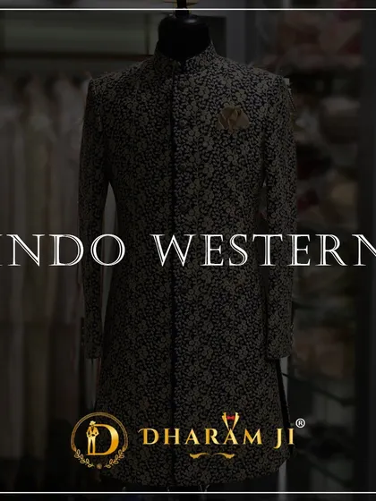 A graphic highlighting a dark, subtly patterned "INDO WESTERN" sherwani, perfect for an understated yet stylish look.