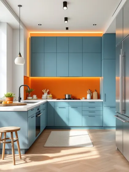Another blue kitchen concept, this time paired with a vibrant orange backsplash. This shows how complementary colors can be used to create a high-energy, dynamic, and playful kitchen environment.
