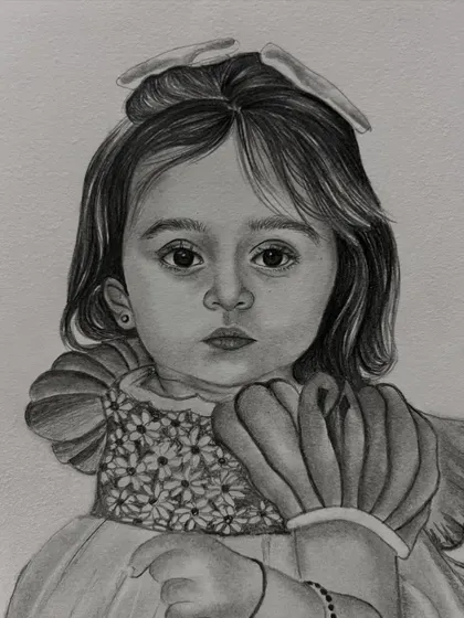 A closer view of the little girl's portrait, highlighting the detail in her floral dress and the soft bow in her hair.