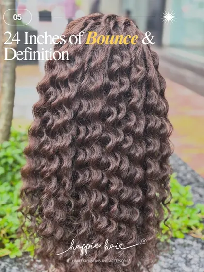 A close-up look at the 24 inches of bounce and definition you get with our premium curly wig. The texture is soft and completely natural.