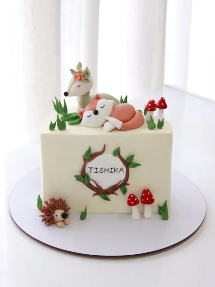 The full view of the sweet woodland-themed half birthday cake.