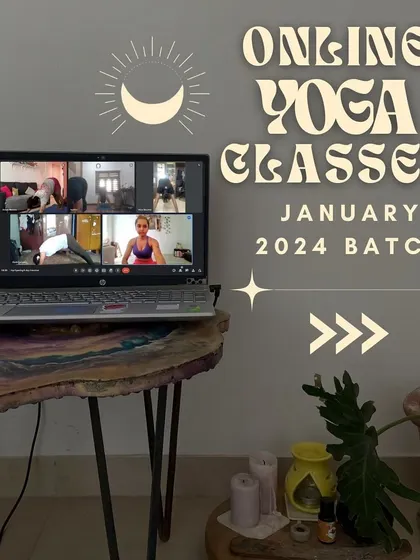 Can't make it to the studio? Join my online yoga classes from the comfort of your home. This image shows our virtual community connecting through Google Meet for a morning practice.