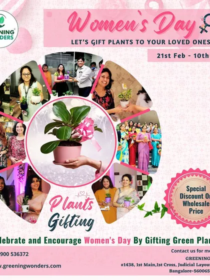 A collage celebrating Women's Day, showcasing the joy of gifting and receiving green plants. Special discounts are available for bulk orders.