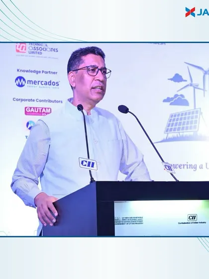 Another view of a government official speaking at the CII Clean Energy Summit. The event brought together key stakeholders to discuss the roadmap for powering Uttar Pradesh's economic ambitions through renewable energy.