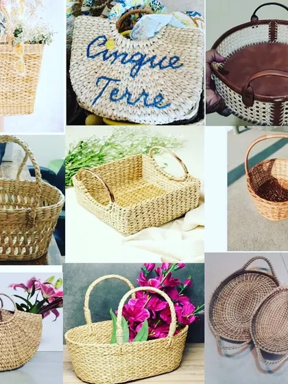 Our baskets are available in many shapes and sizes, perfect for creating custom gift hampers or for use as decorative storage. This collage shows round, rectangular, and handled baskets, all ready for wholesale orders.