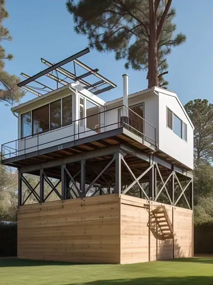 A dream idea for a prefabricated house on an elevated platform. This design is perfect for making the most of a view or building on uneven land.