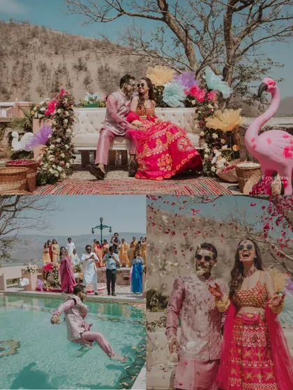 A collage capturing the vibrant and playful energy of Leesha's poolside Haldi, from being pushed into the pool to being showered with flower petals.
