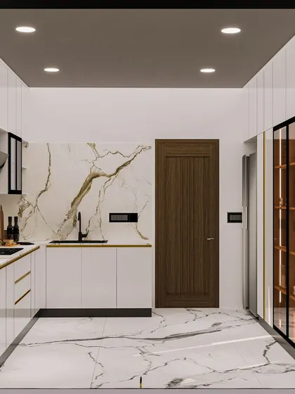 A pristine white acrylic kitchen with a stunning marble backsplash that extends up the wall, creating a seamless and luxurious look.