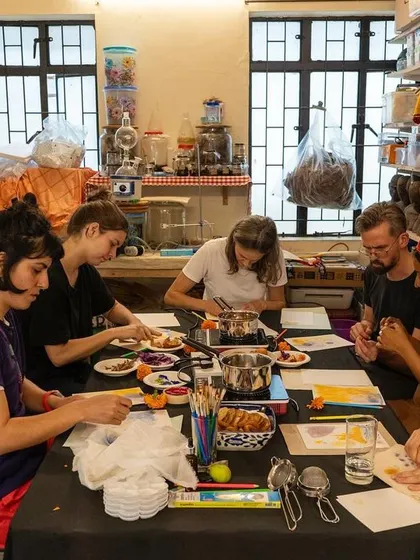 A look inside our cozy studio during a botanical ink making session. We keep our groups small and intimate, creating a friendly space where everyone can focus, learn from practicing artists, and share a laugh over lemon chai.