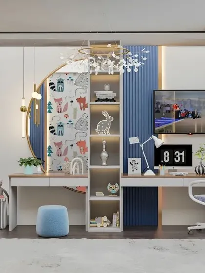 A shared study space for two children, this design uses a blue and white color palette with fun wallpaper. The desk is large enough for two, with a central shelving unit for separation and storage.