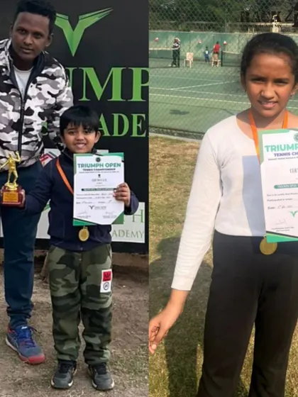 Highlighting our achievers from the Triumph Open Tennis Championship. Aryav Singh secured 3rd place in the Under-8 category, while Navya Shukla reached the quarterfinals in the Under-10s.