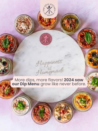 2024 saw our dip menu grow like never before. This beautiful flatlay of our dip jars celebrates a year of flavour and innovation, with the words 'Happiness is Homemade' at the center.