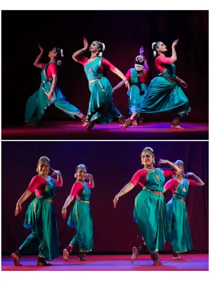 Two perspectives of the same performance, showing the intricate choreography and expressive storytelling of the Chithkala Ensemble. Each formation is designed to create a visually captivating experience for the rasikas.