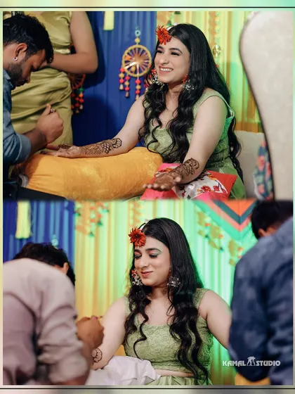 A collage showing the bride getting her mehendi applied, capturing her happy and patient moments.
