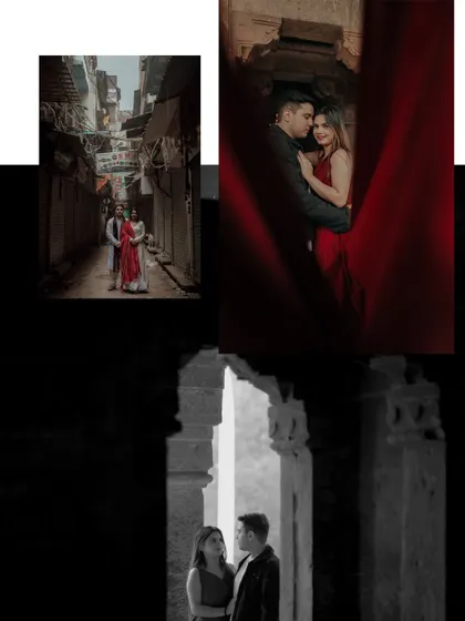 A collage of creative pre-wedding shots, including a romantic moment framed by red fabric and a silhouette against ancient architecture. This showcases my use of creative framing and composition.
