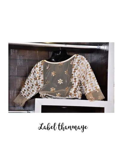 A modern blouse design with sheer, embroidered net sleeves and a solid bodice.