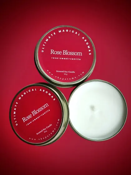 My 'Rose Blossom' mini candle. This classic scent of rose, sweet notes, and vanilla is always a favorite.