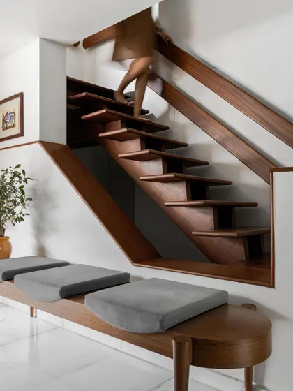 **Achrome, Ahmedabad:** The open wooden staircase is a central feature, designed to be both functional and sculptural. Below it, a custom wooden bench with soft cushions provides informal seating, making efficient use of the space.