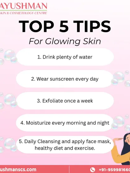 Here are our top 5 tips for glowing skin. They include drinking plenty of water, wearing sunscreen daily, exfoliating weekly, moisturizing morning and night, and daily cleansing combined with a healthy lifestyle.