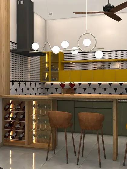 The open-plan lounge includes a vibrant studio kitchen with mustard yellow and olive green cabinets, along with a breakfast bar for casual dining.