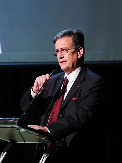H.E. Thierry Mathou, Ambassador of France to India, addresses the audience. The presence of high-level diplomats underscores the cultural importance of our events.