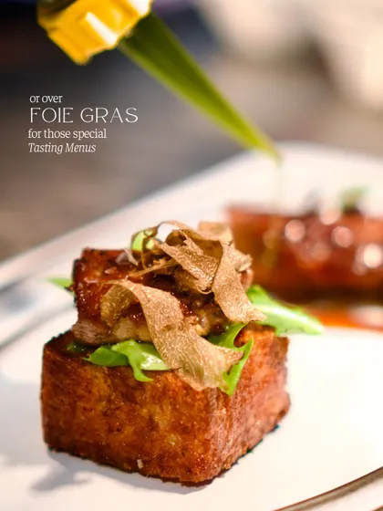 Elevating a simple ingredient. We shave fresh Périgord Black Truffles over Foie Gras for our special tasting menus, creating a dish of unparalleled richness and luxury.
