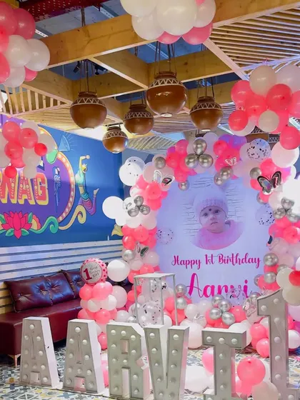 A wider view of Aarvi's party, showing how the balloon decor fills the space and creates a festive atmosphere.