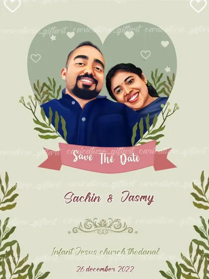 A 'Save The Date' design featuring a close-up portrait of the couple inside a heart. This is a simple, elegant, and modern design for a digital wedding announcement.