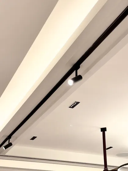 Here, a magnetic track system is used to create a clean, architectural line in the ceiling. The spotlights can be easily moved and repositioned, offering complete flexibility to highlight different areas as the needs of the space change over time.
