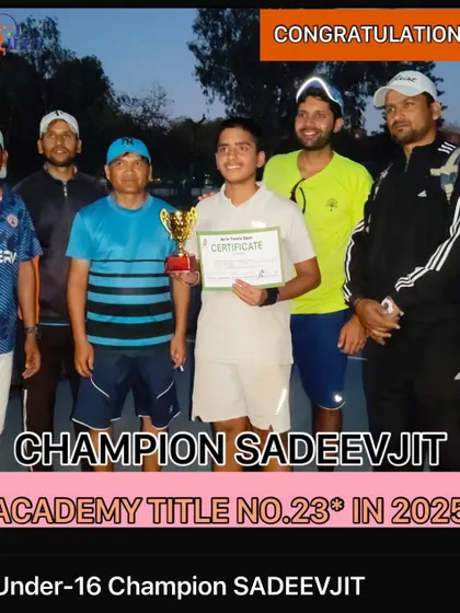 Champion Sadeevjit, winner of the Under-16 category at the Ad in Tennis Open Tournament. He is seen here with the coaching staff, a testament to our advanced batch training program.
