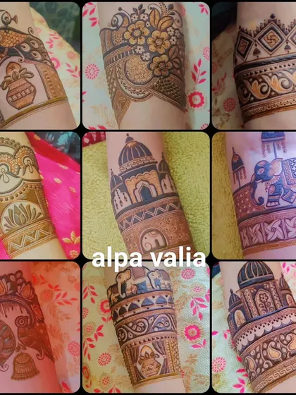 A collage of various bridal startup or arm band designs, showcasing a range of motifs from elephants to architecture.